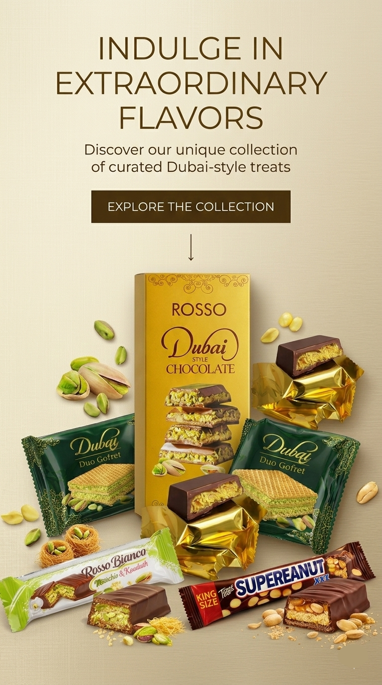 Collection of Dubai-style chocolate and treat packages with promotional text on a beige background.